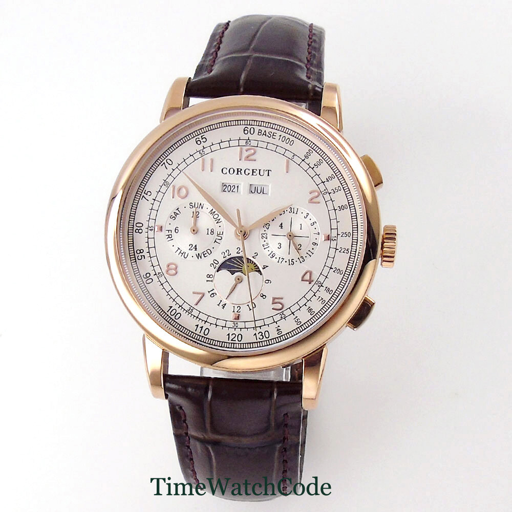 Corgeut 42mm Rose Gold Automatic Mens Watch Week Date Month Year Day/Night
