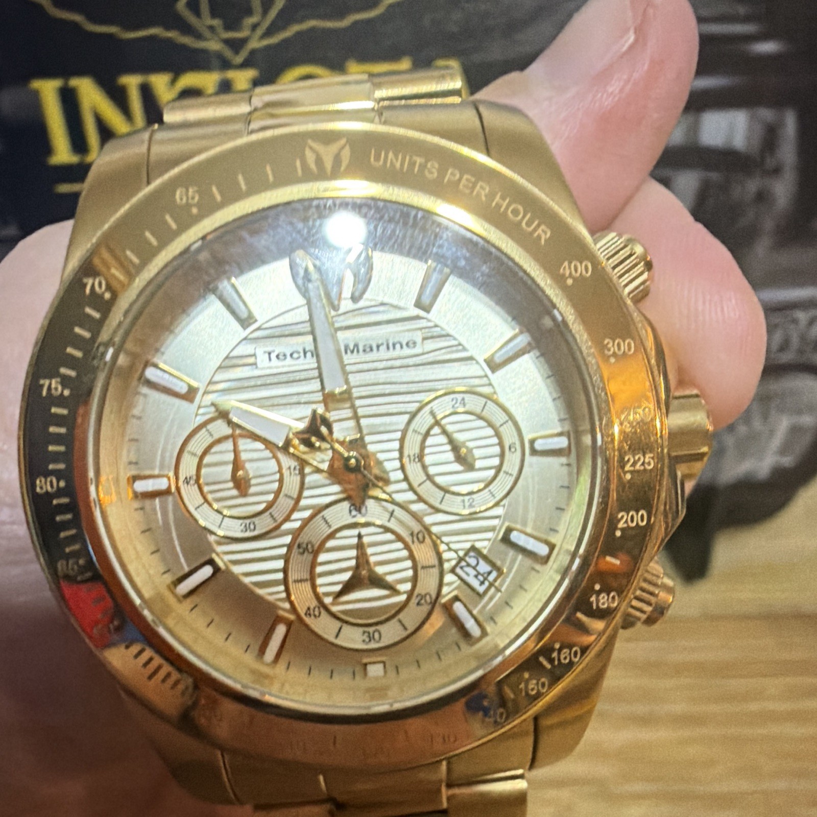 TechnoMarine Men’s Quartz Chronograph Date Gold Dial Steel Bracelet 45mm 200m