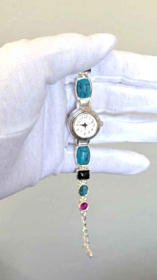 New Watch, Women’s Quarts, Geneva, Silver Tone with Multi Colored Stone Bracelet