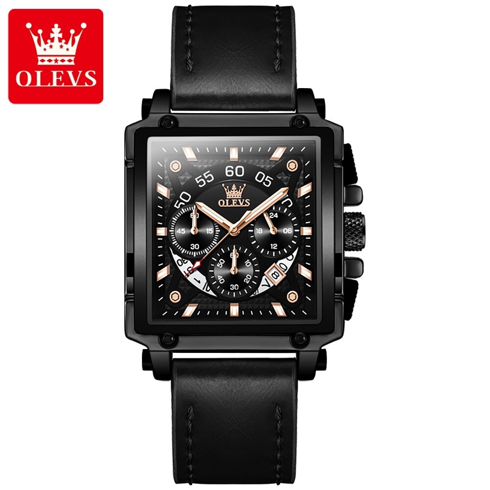 Olevs Square Quartz Men’s Watch, Chronograph, Luminous, Leather Strap with Date