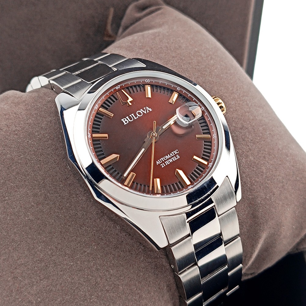 Men’s Bulova Surveyor 98B422 Burgundy Dial Stainless Steel Automatic Watch