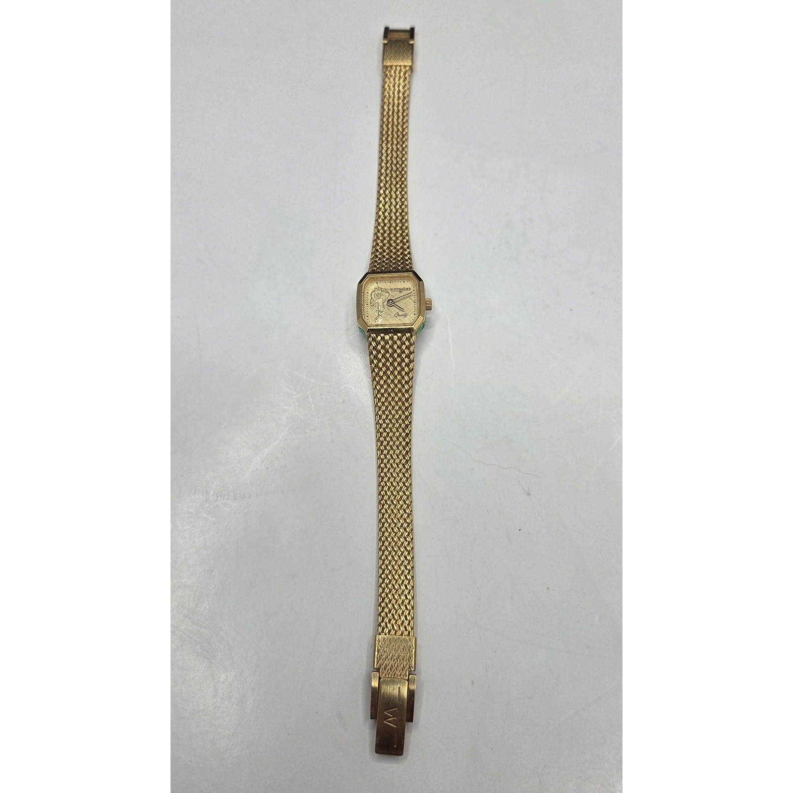 Wittnauer Watch Womens Gold Mesh Band Angel Dial Vintage Quartz Square 7.25in