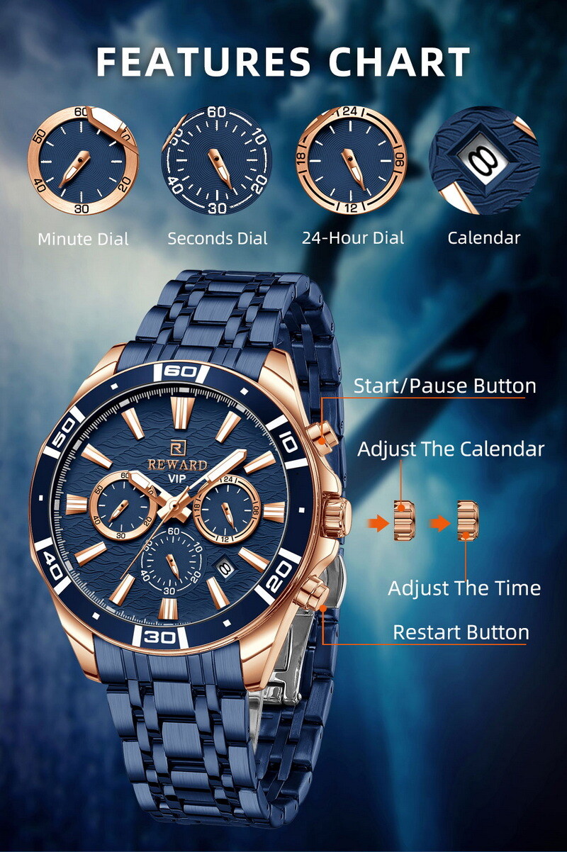 REWARD Men’s Multifunction Chronograph Calendar Luminous Waterproof Quartz Watch