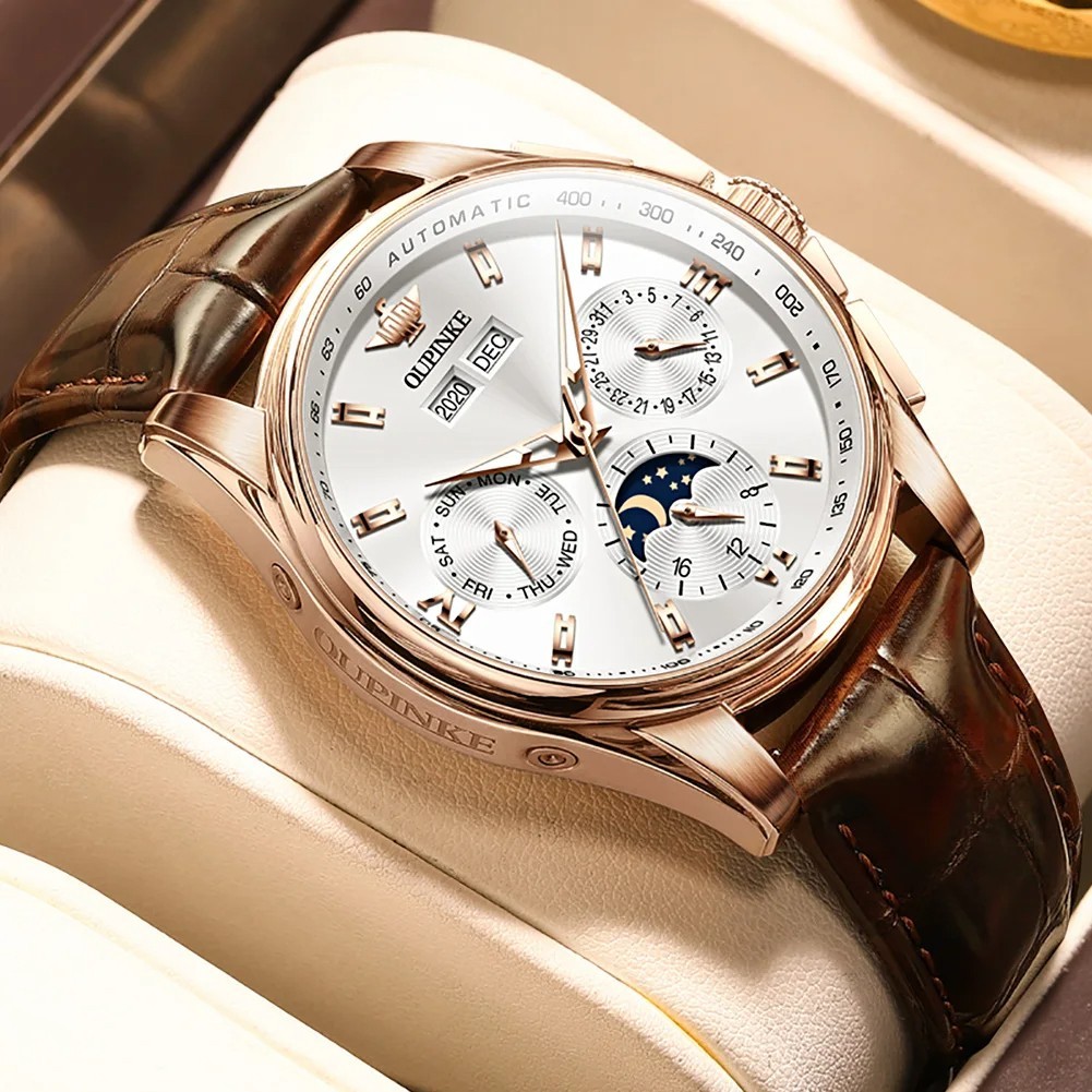 Automatic Mechanical Watch Waterproof Moon Phase Luxury Dial Men’s Men Strap
