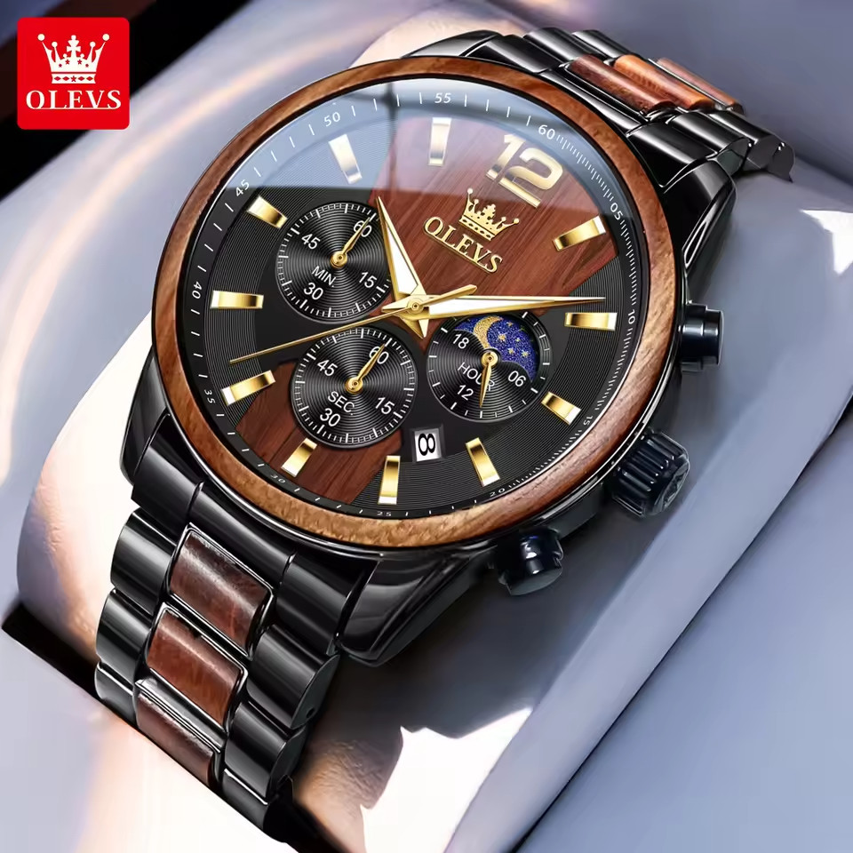 OLEVS Original Luxury Waterproof Luminous Solid Wood Men’s Quartz Watch