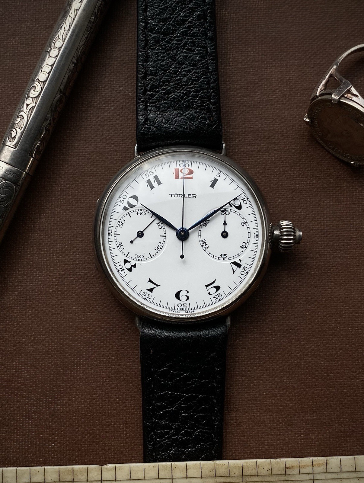 1920s Türler enamel dial Silver cased crown monopusher chronograph Valjoux 23