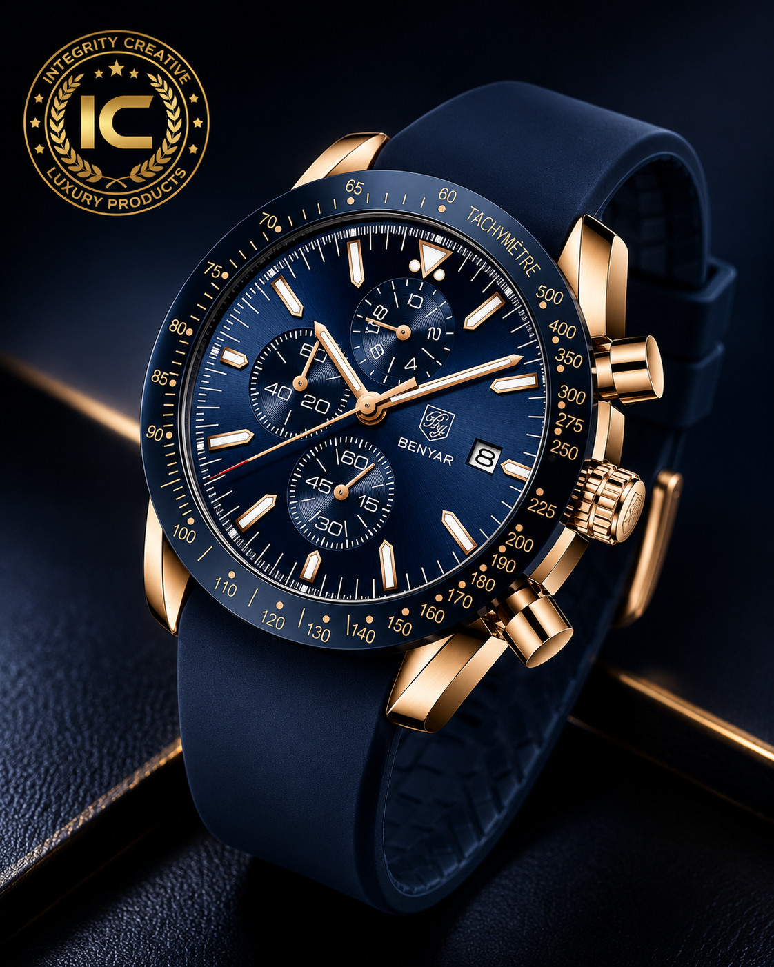 Men’s Casual Sporty Watch Quartz Movement Leather Strap Dark Blue Dial Gold Case
