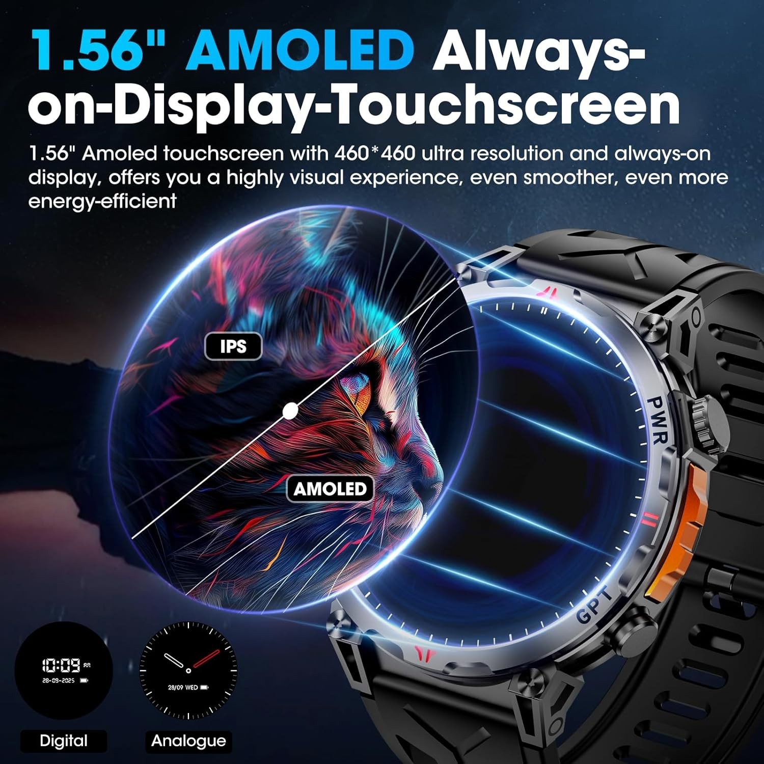 Military Smart Watches for Men with GPS/Compass,GPT Voice Assistant,1.56″ Black