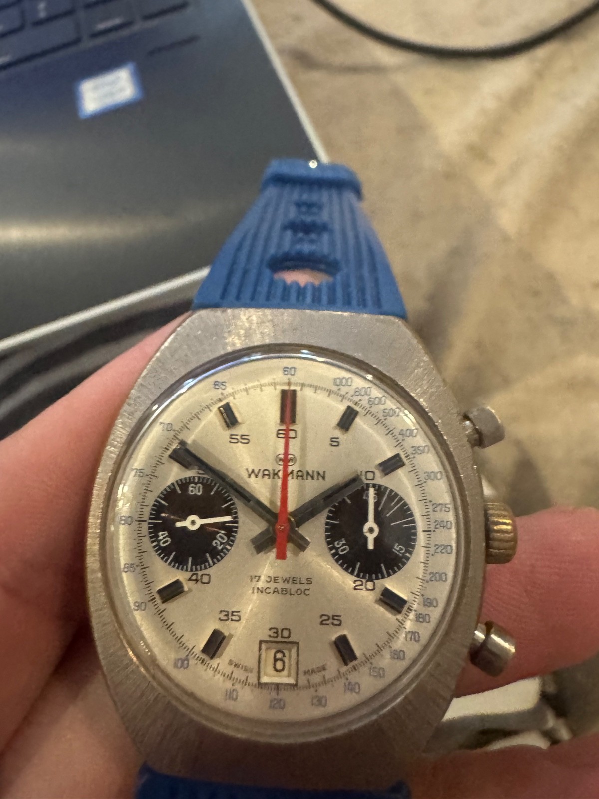 Vintage Wakmann panda chronograph date 7734 mechanical swiss made timepiece