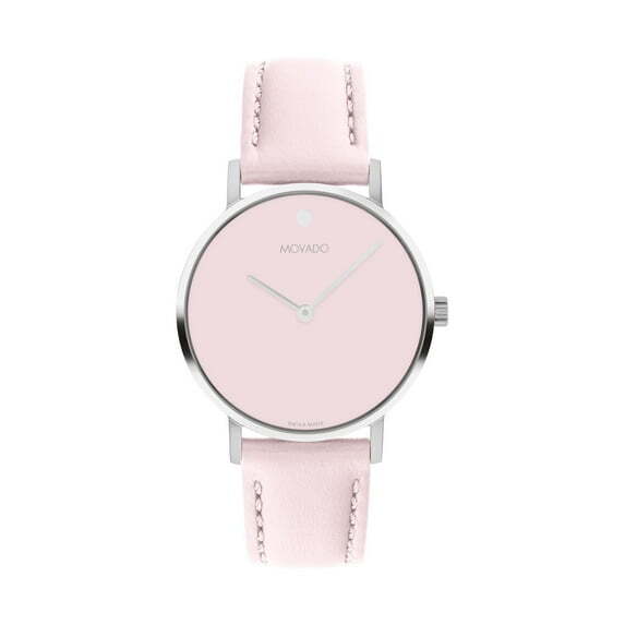 MOVADO SIGNATURE 0607899 SILVER BLUSH PINK DIAL LEATHER STRAP 32MM WOMENS WATCH