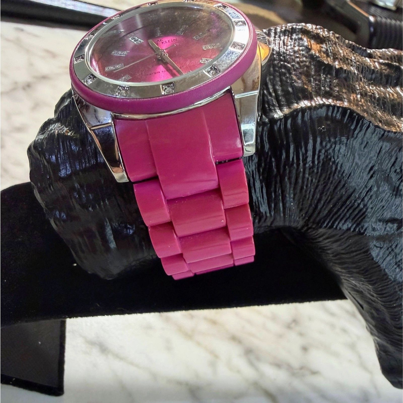 Anne Klein Watch Pink Plastic Resin Link Bracelet Crystal Bezel New Battery