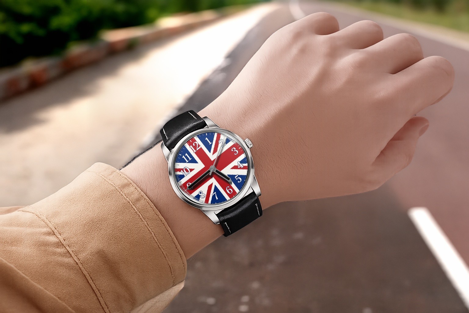 Union Jack Flag Of United Kingdom Leather Strap Big Dial Wrist Watch