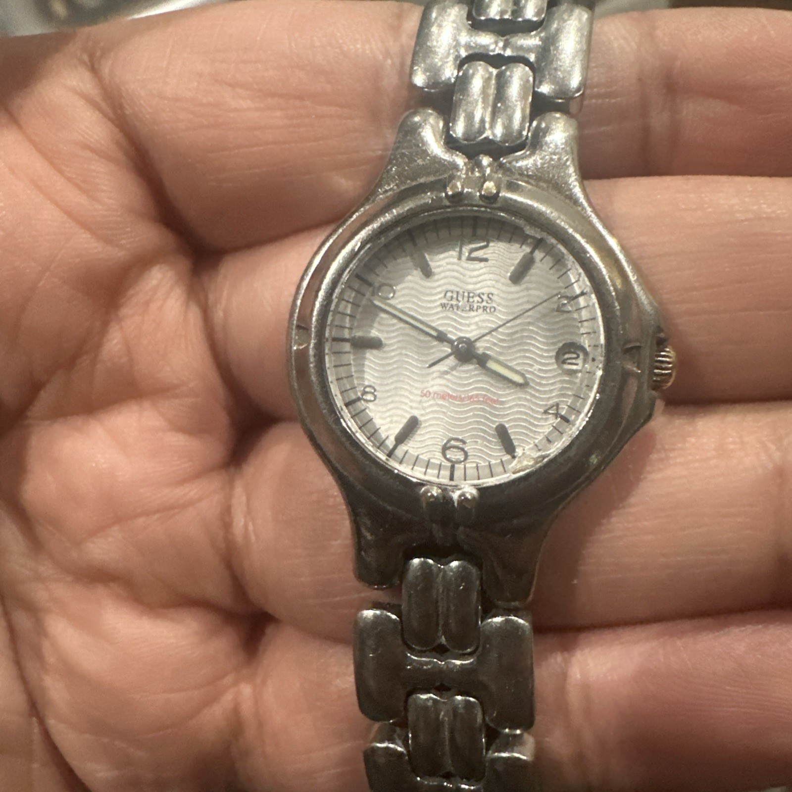 Works Guess Waterpro Watch Womens 25mm Date Silver Tone New Battery Fit 6.5in