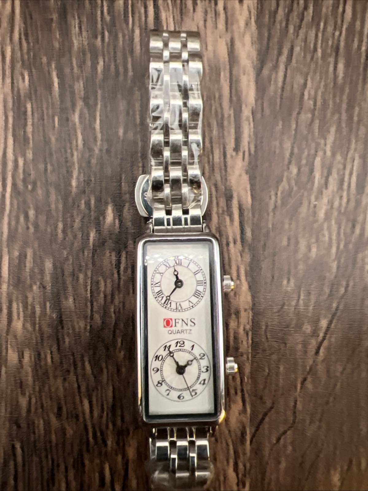 Women’s Dual Time Silver Tone Dainty Rectangular dial quartz working New