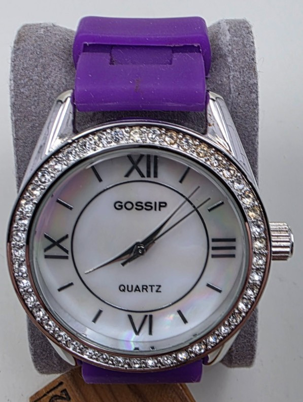 Gossip Women’s Watch GSP696 Purple Silicone Band Crystal Bezel New Battery PC21