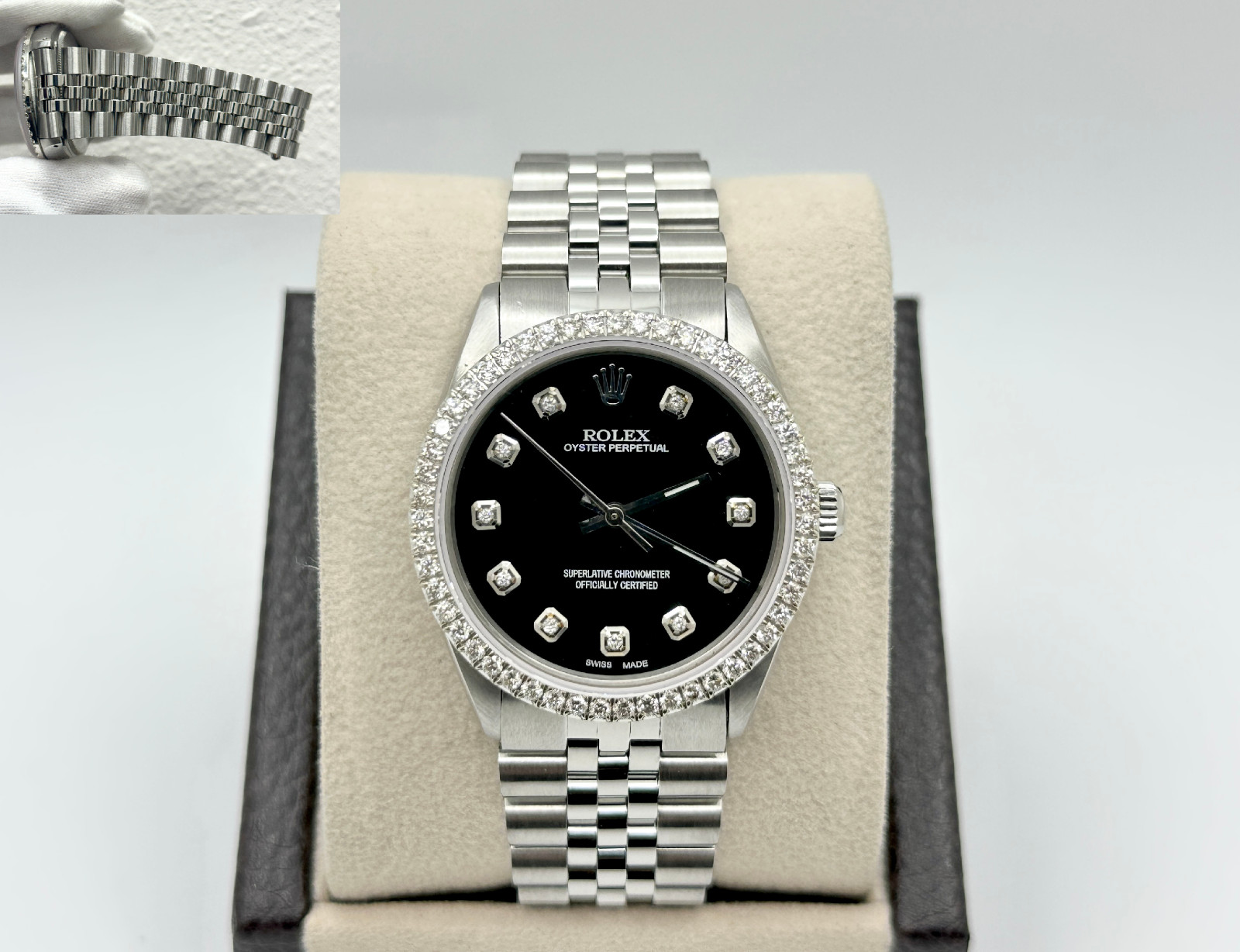 Rolex Oyster Perpetual 1002 34mm Black Diamond Dial Diamond Bezel Steel