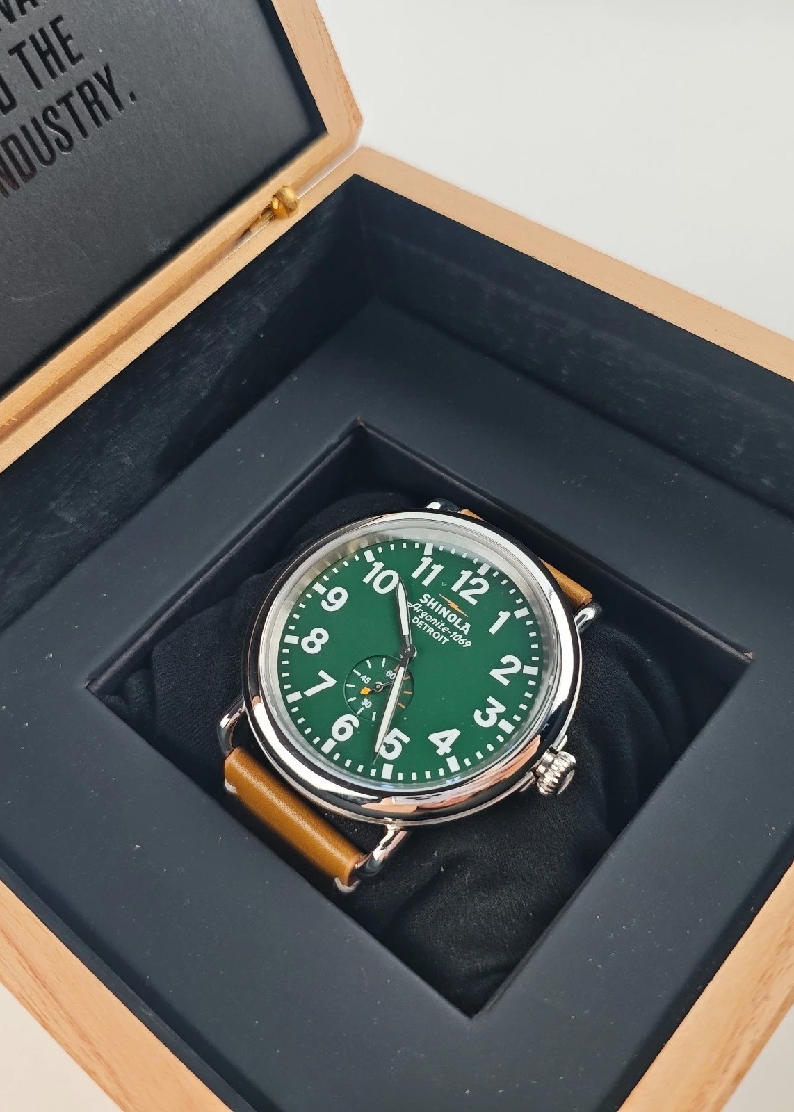 Shinola The Runwell Men’s 47mm Green Dial Brown Leather Strap Quartz Watch
