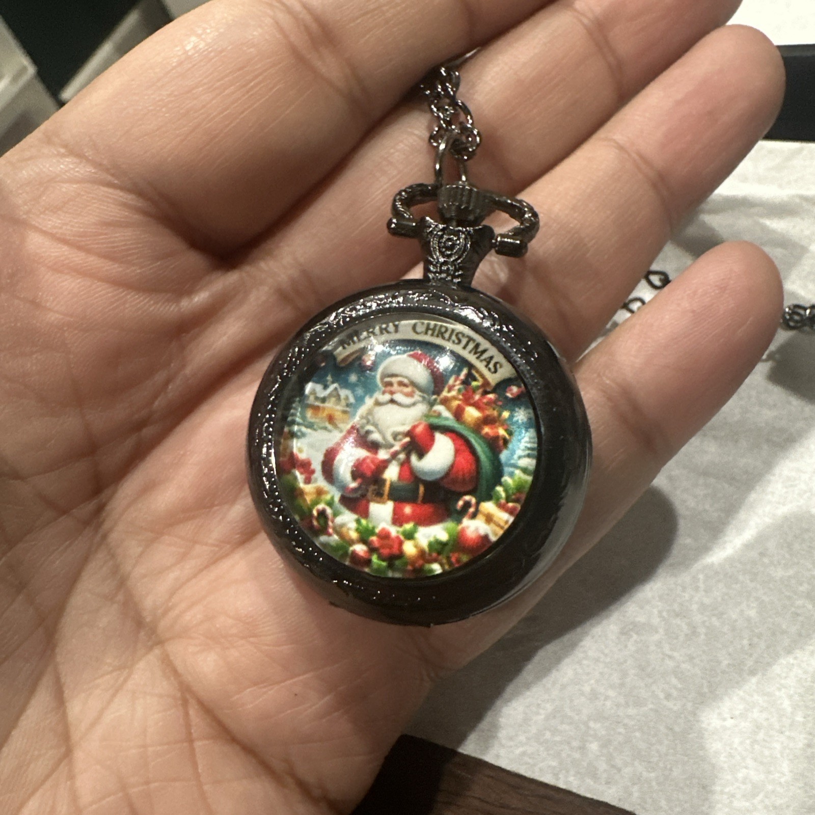 New Santa Claus Pocket Watch Design Black 36mm Quartz Christmas Holiday Gift USA