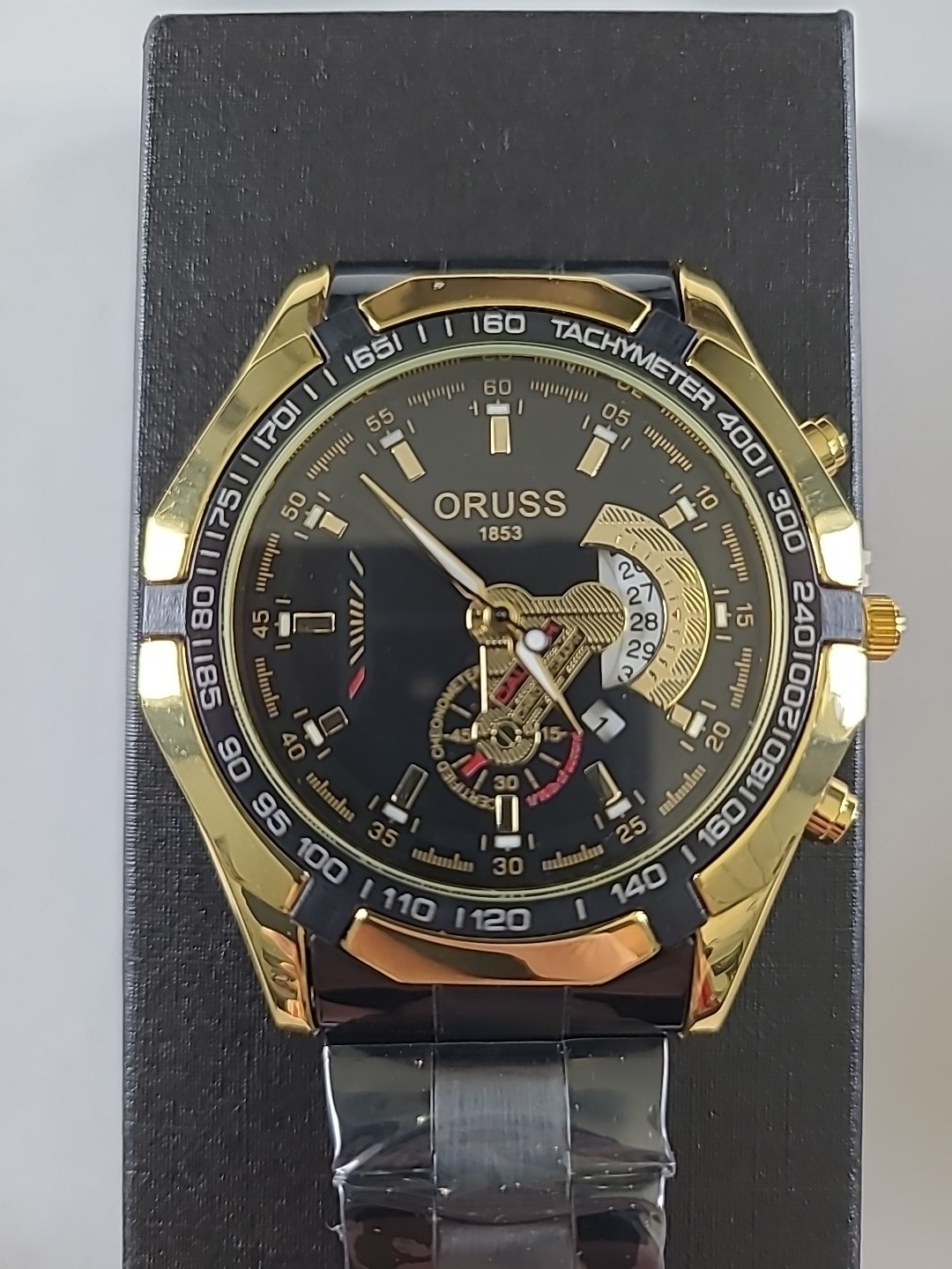ORUSS Men’s Gold And Black Watch 9 1/2 Inch Band