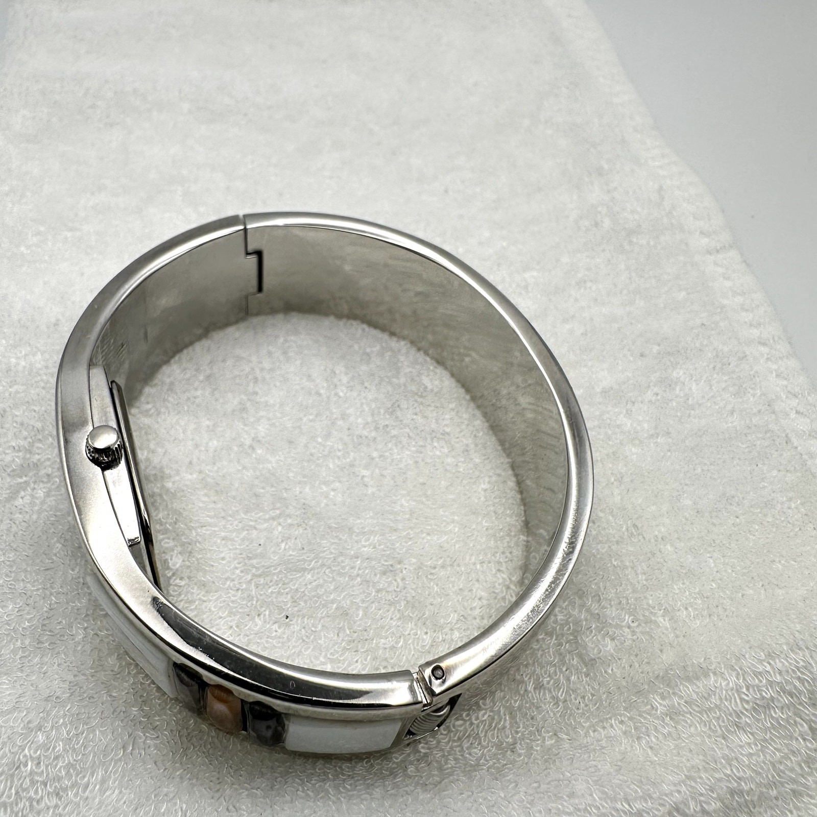 Versales Quartz Bangle Watch Silver Tone Rectangular Dial Mother of Pearl