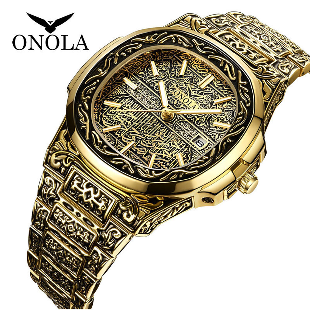 ONOLA Men Quartz Watch Luxury Retro Golden Stainless Steel Watches Reloj Hombre