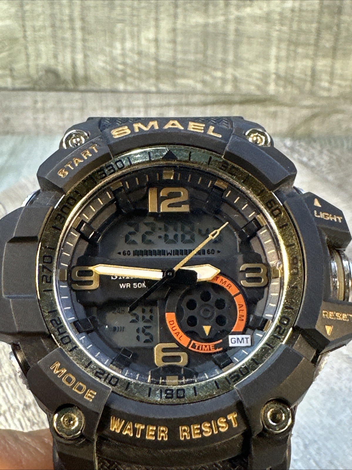SMAEL Men’s Tactical Analog Digital Watch Dual Time WR 50M Black Gold