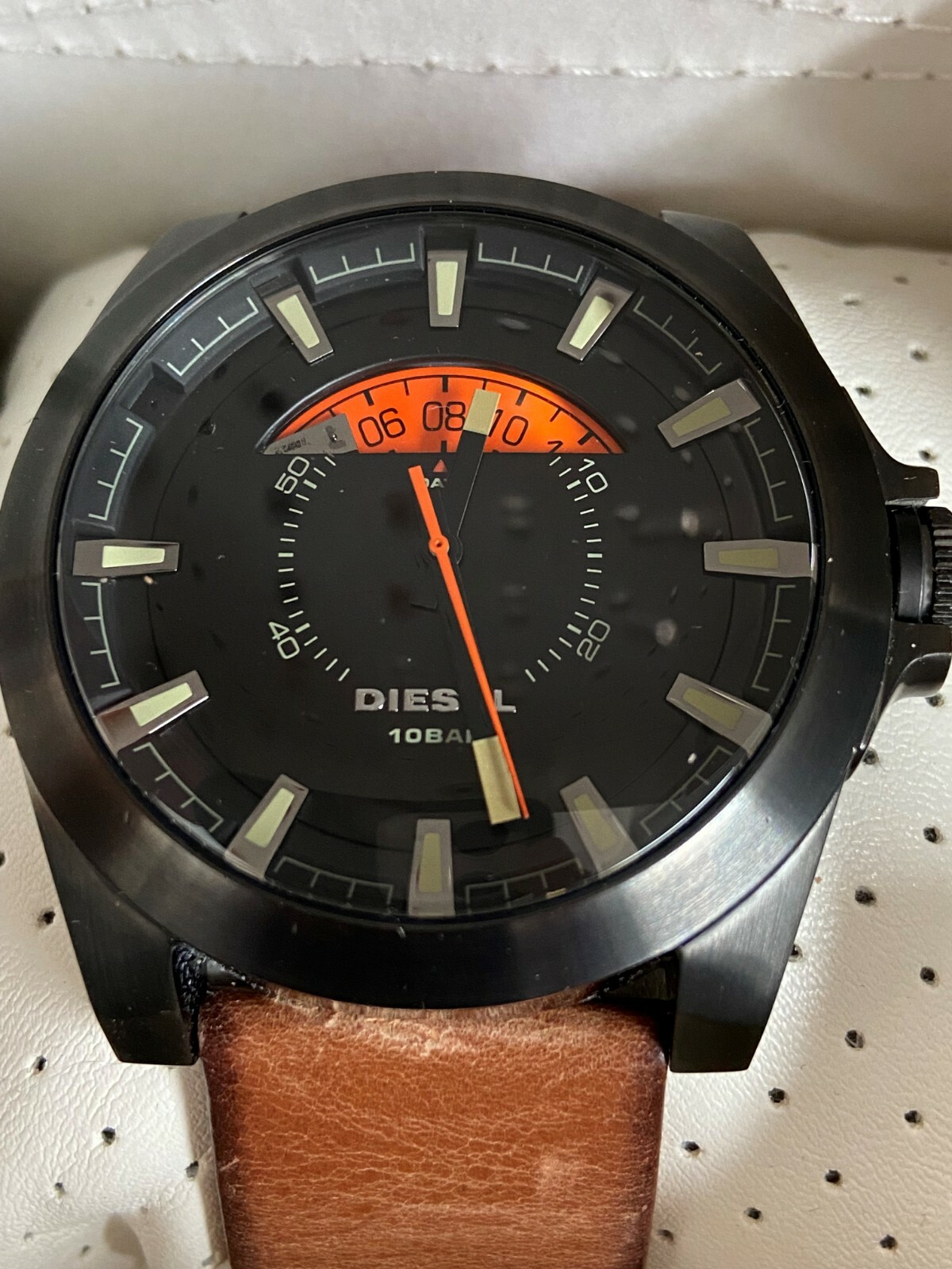 Diesel Mens Arges Black and Orange Dial Brown Leather Strap Quartz Watch DZ1660