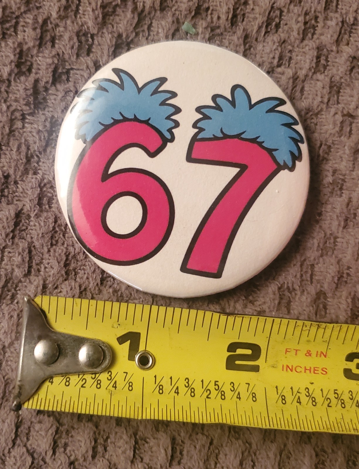 Thing 1 And Thing 2 Themed “67” 2 Inch Button, Red Numbers With Blue Hair.
