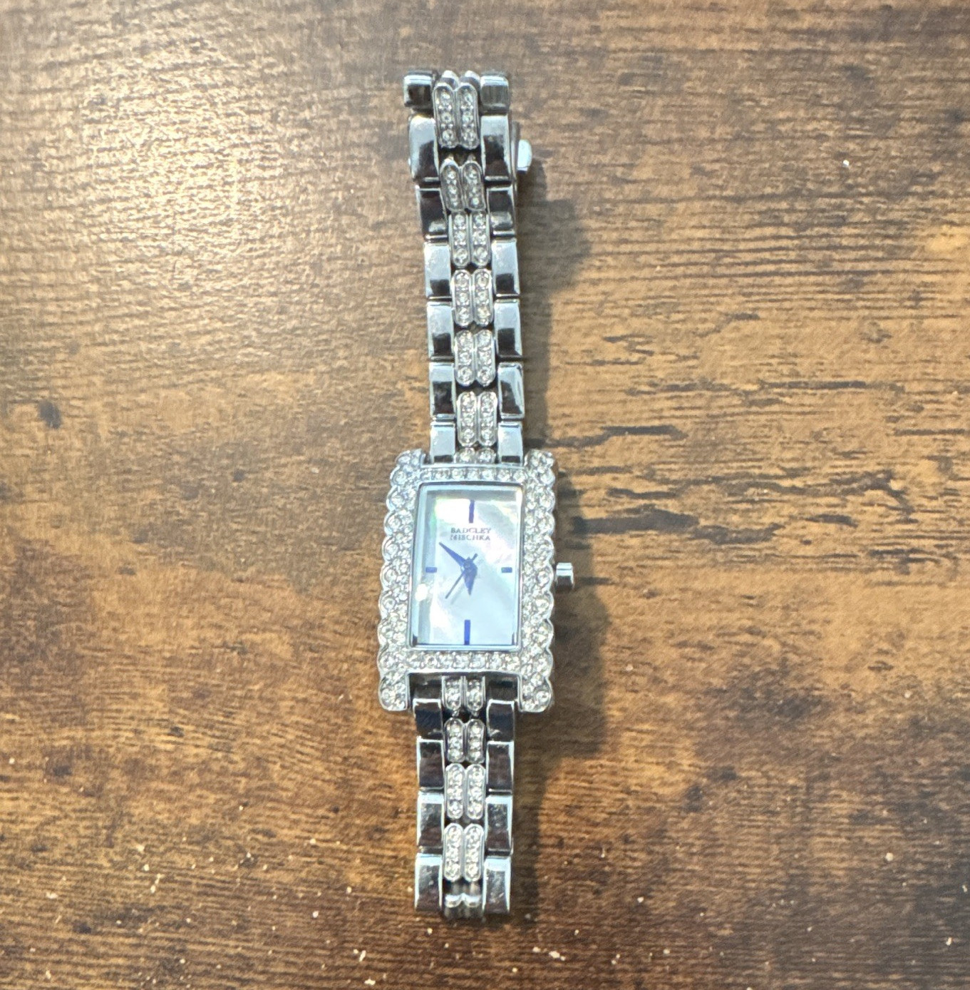 Badgley Mischka Women’s Rectangle Crystal Bezel Quartz Watch Silver Bracelet