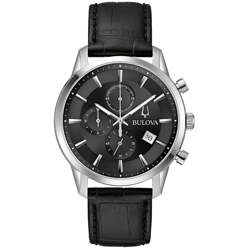 Bulova Mens Classic Quartz Chronograph Calendar Black Leather Watch 41 MM 96B403