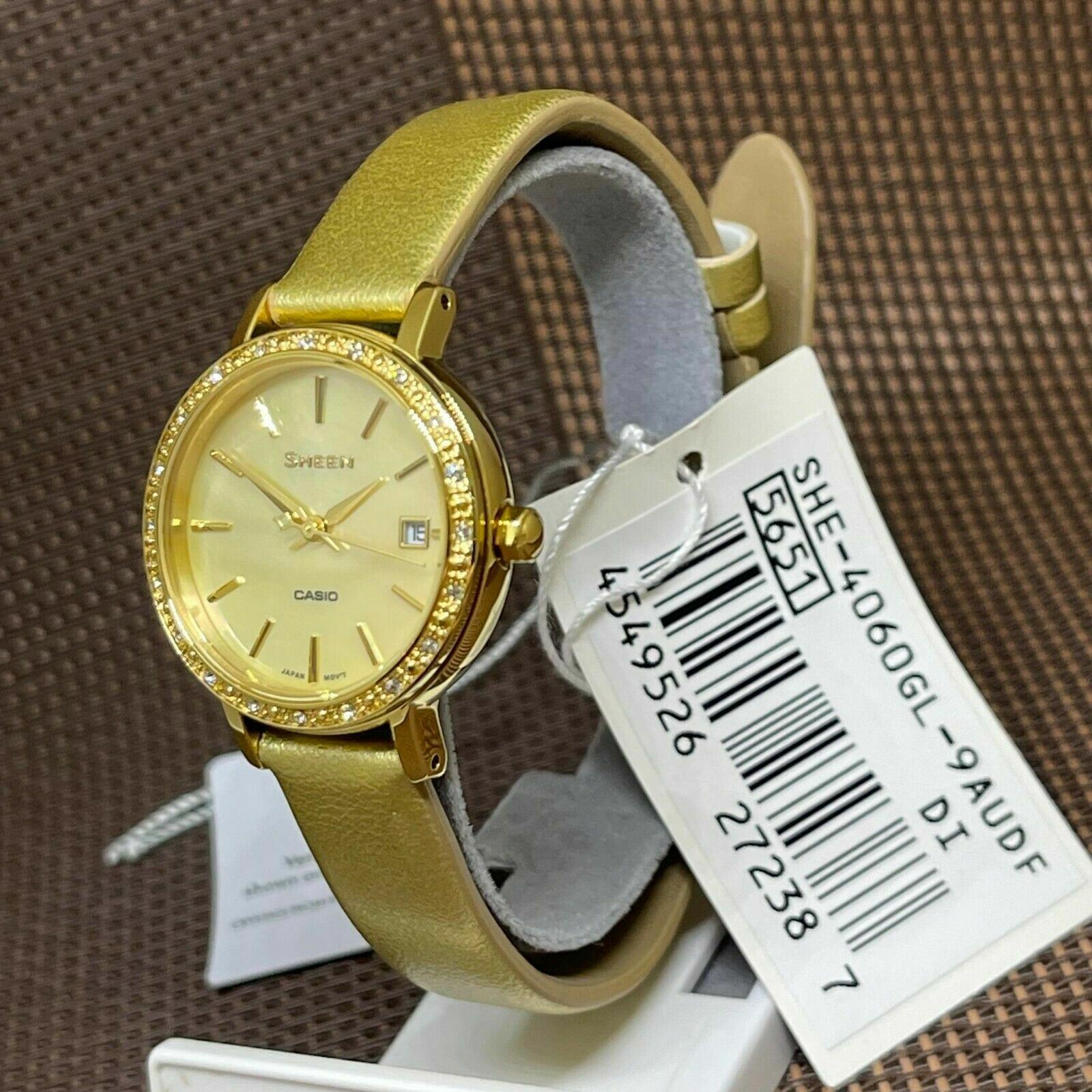 Casio Sheen SHE-4060GL-9A Mother Of Pearl Swarovski Leather Analog Ladies Watch