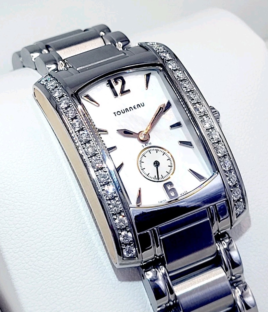 SWISS [MINT] 24mm Tourneau Tank Diamond Bezel Quartz Women’s Stainless Watch