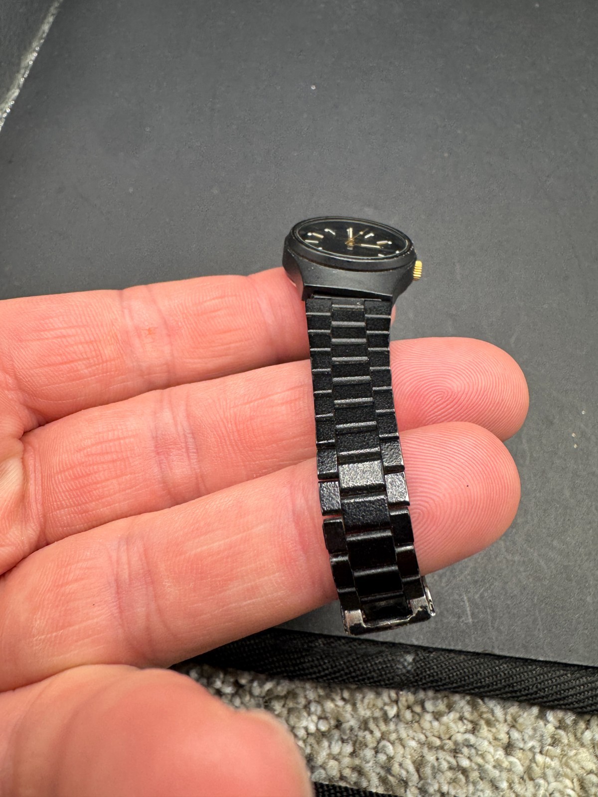 Vtg Pulsar Day Date Watch Black Dial Black Metal Band V248-0030 22.6mm