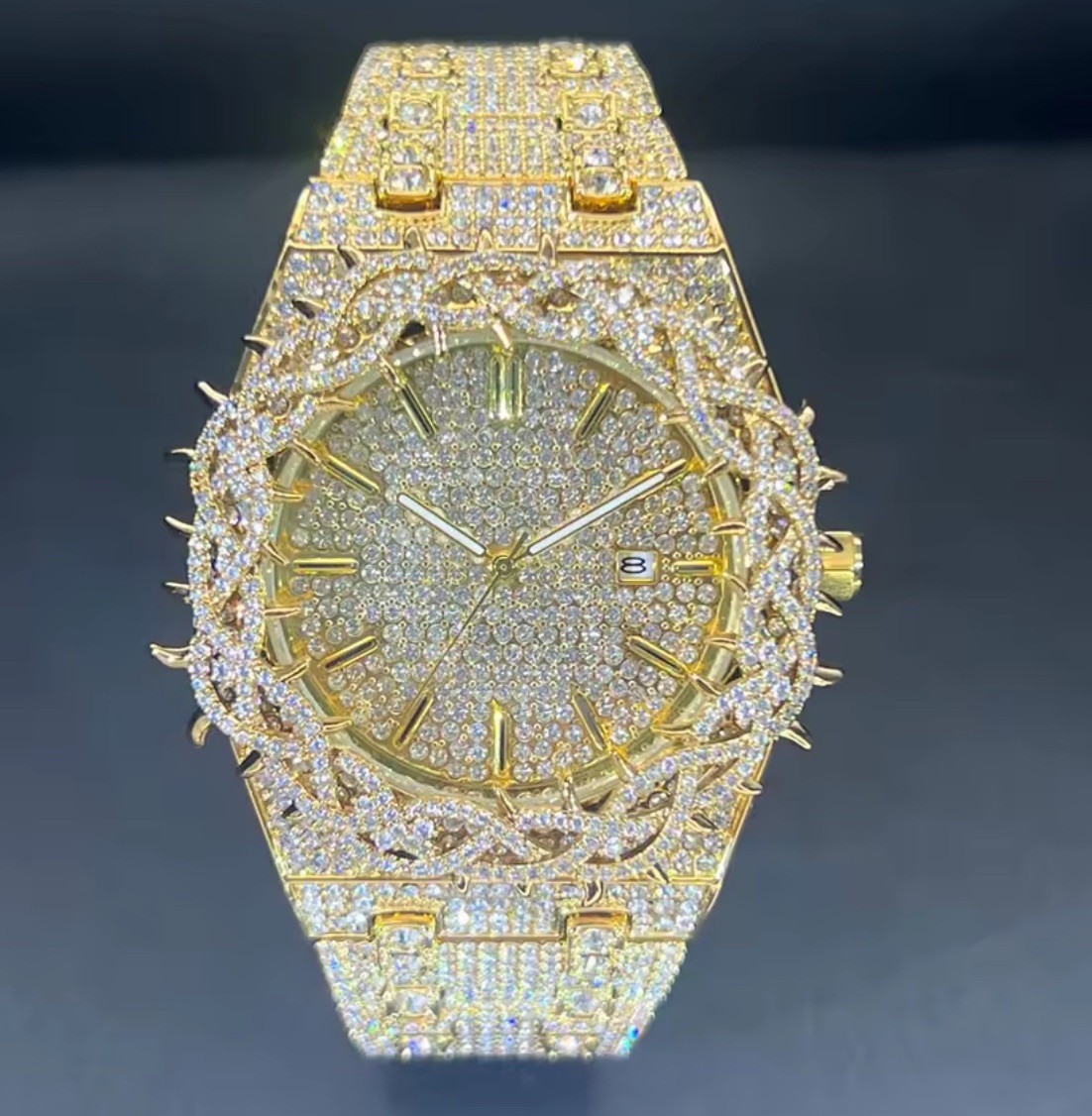 MISSFOX Full Diamond Men’s Hip Hop Quartz Watch Bling Flower Design Luxury