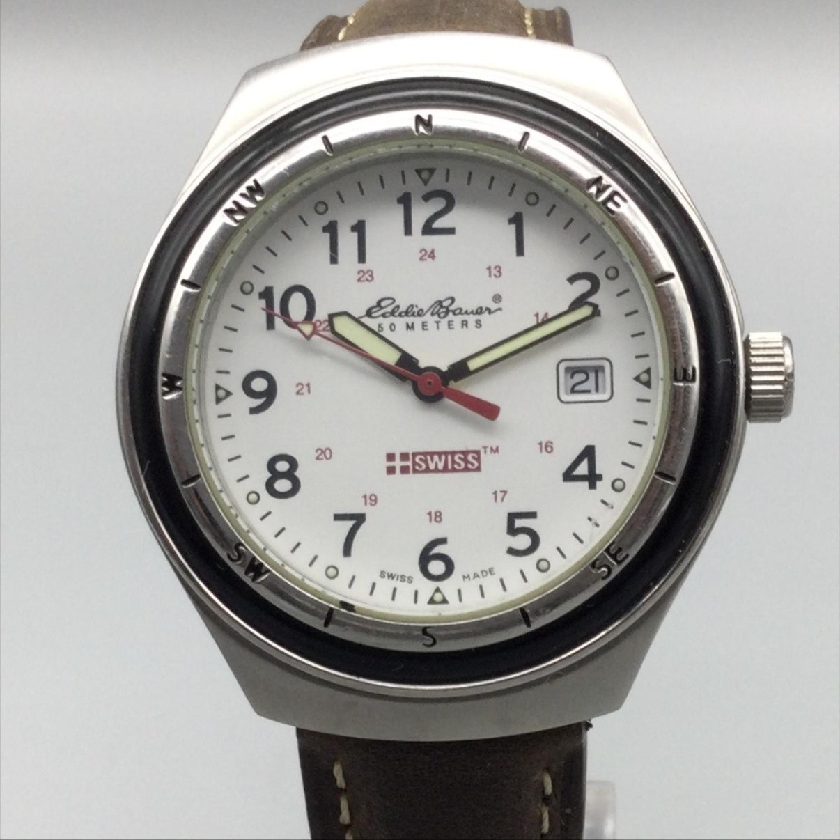 Eddie Bauer Mens Watch 37mm White Dial Brown Leather Swiss Date New Battery