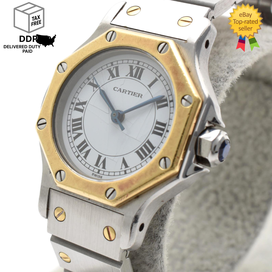 Vintage [ Exc+5 ] Cartier Santos Octagonal SM Auto White Dial 18K Gold SS Watch