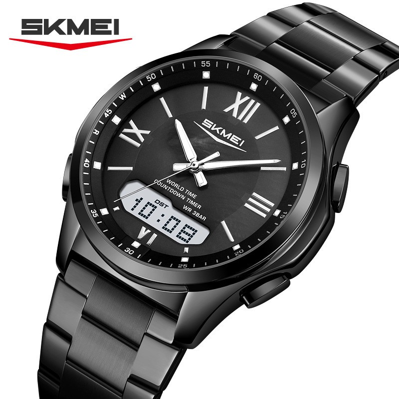 SKMEI Men Quartz Watch Roman Numeral Digital Wristwatch Male Steel LED Watches