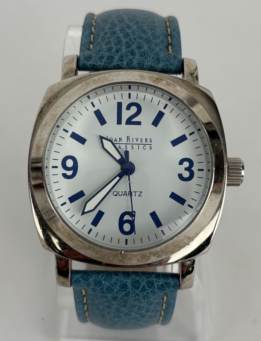 Joan Rivers Classics 40mm Silver Tone Quartz Watch w/Leather Band & New Battery