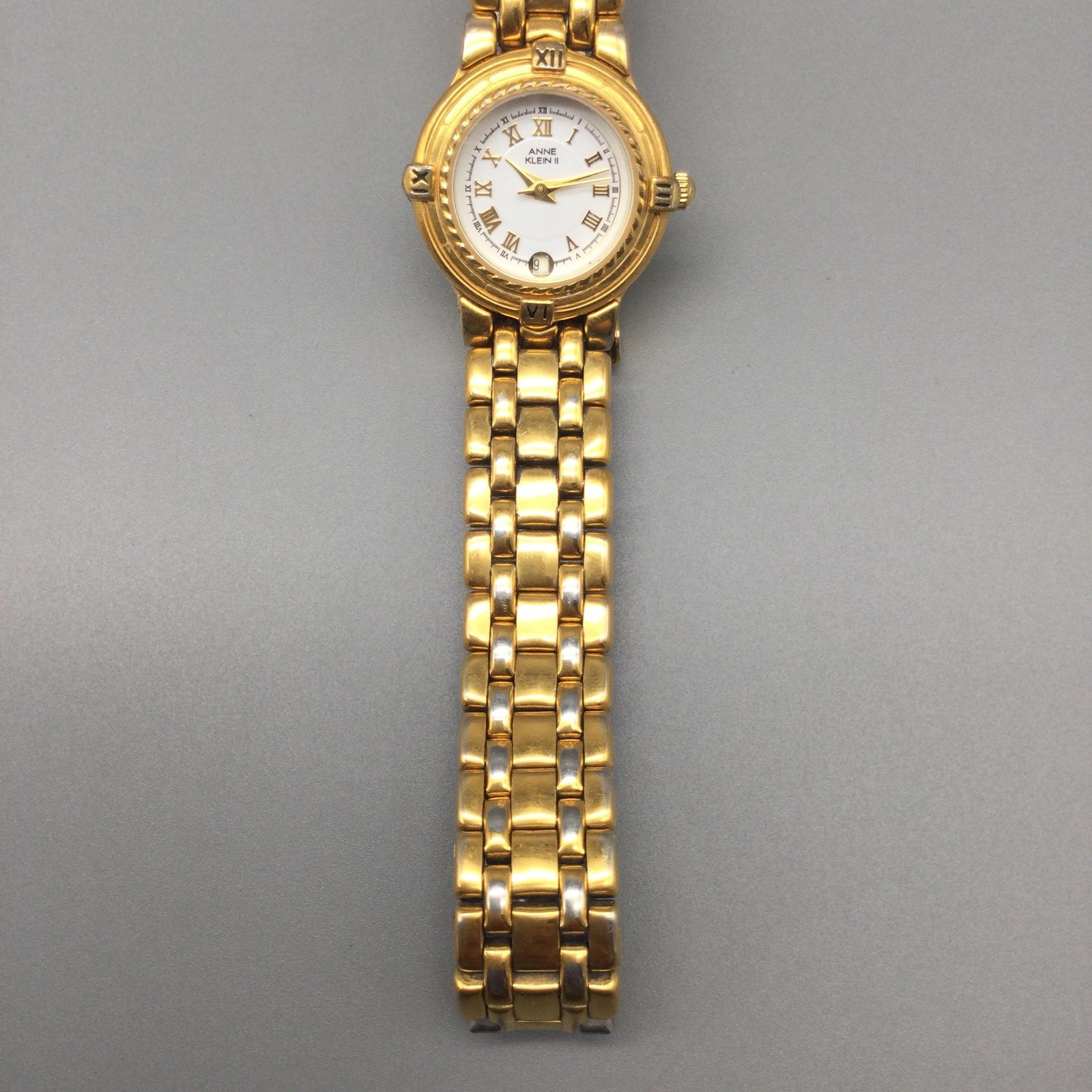 Vintage Anne Klein II 101744-7 Women Watch 25mm Gold Tone Date New Battery 6.5″