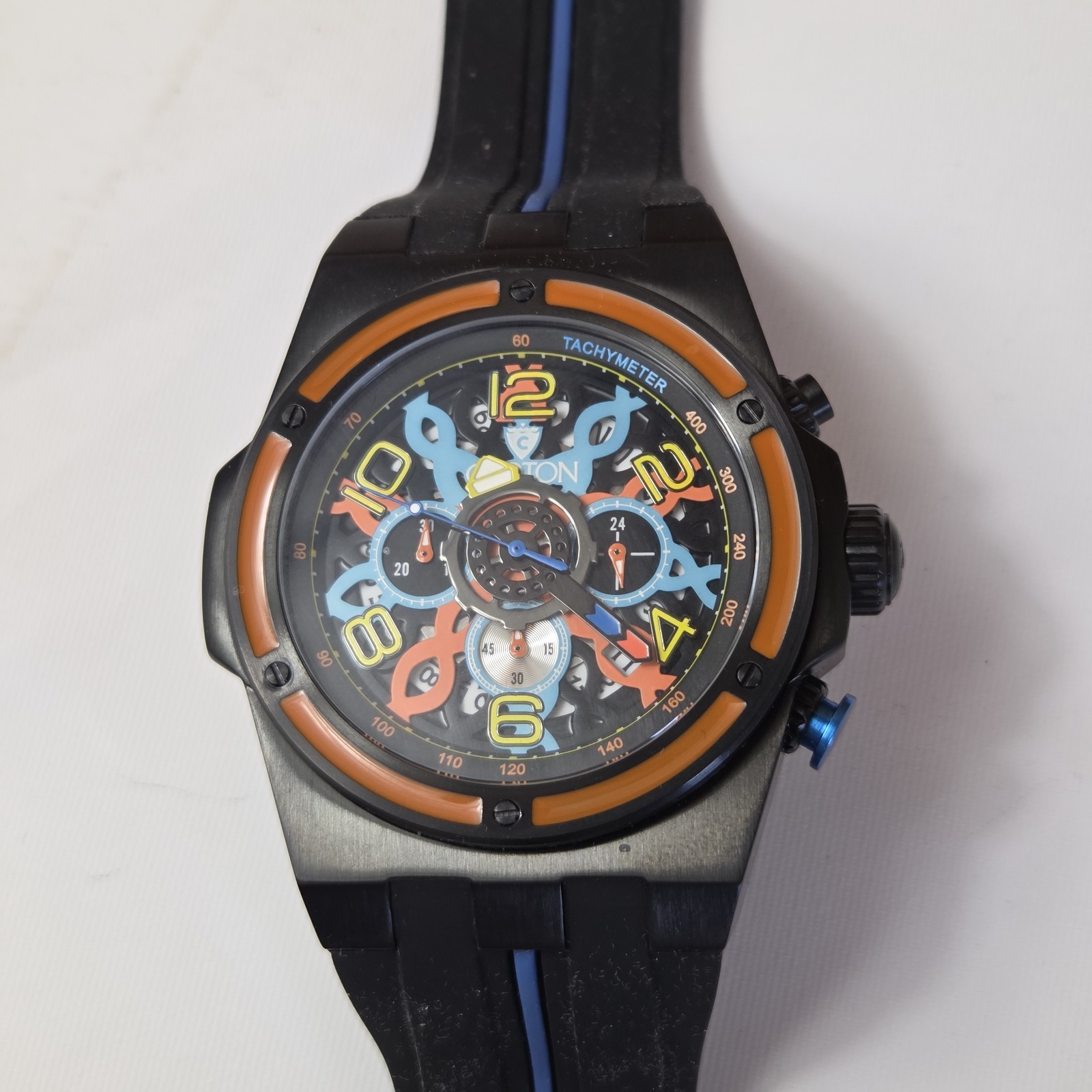 Men’s Croton Chronograph Vibrant Orange And Blue Skeleton Black Silicone Band