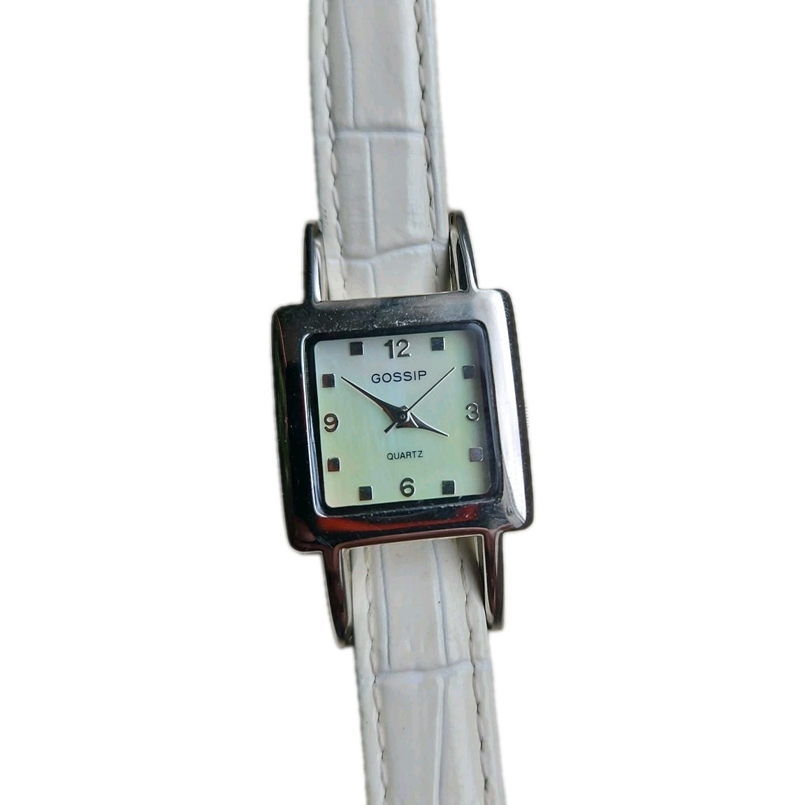 Gossip Watch Women 22mm Silver Tone MOP Dial Square White Band New Battery 8.25″