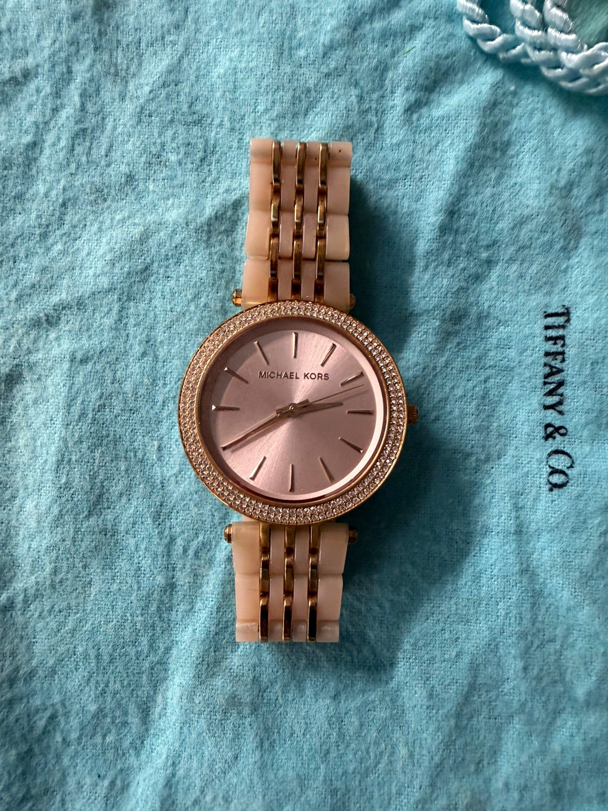 Michael Kors Women’s Analog Watch Pink Dial Crystal Bezel Rose Gold Bracelet