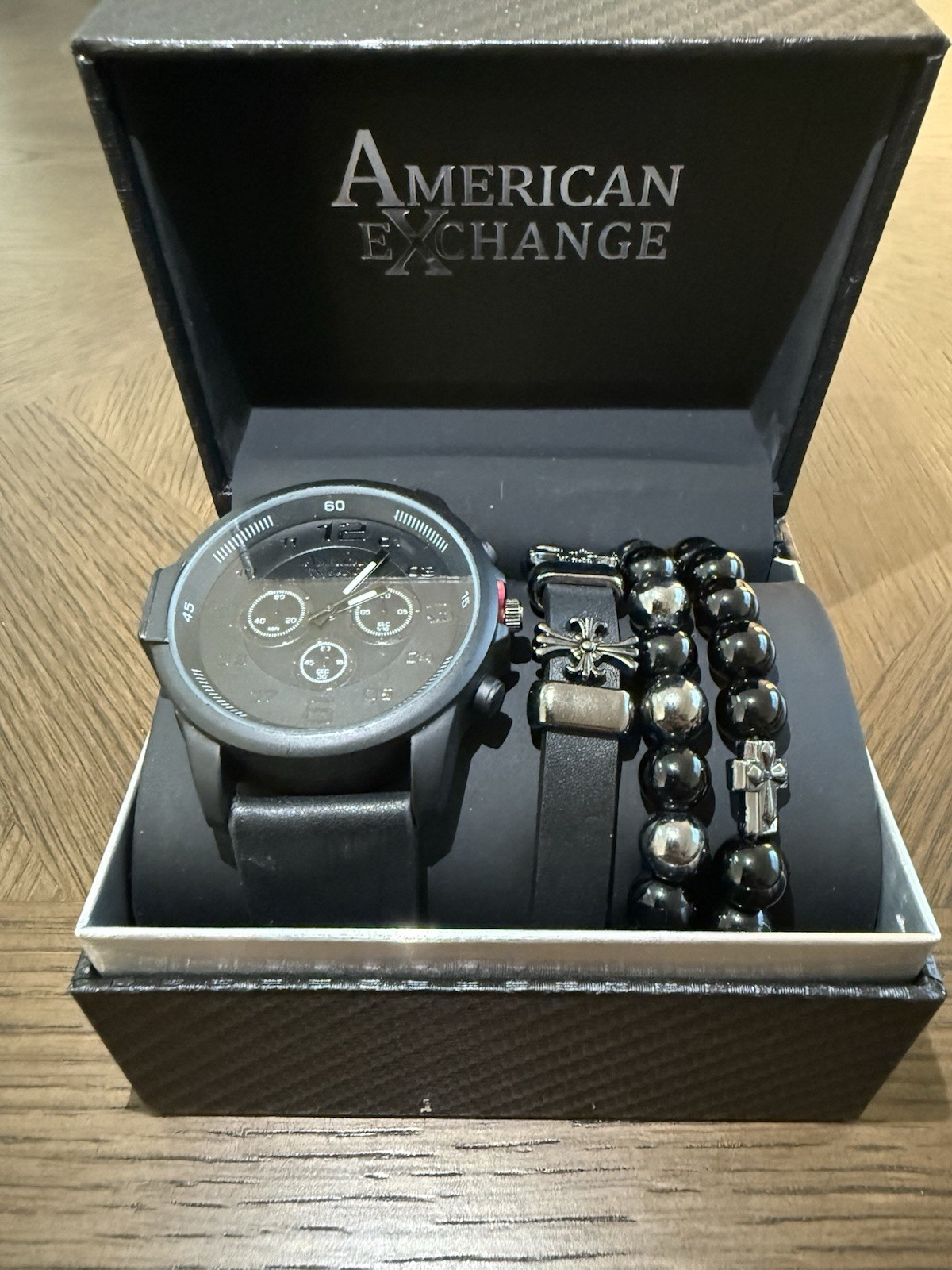American Exchange Men’s Watch & Bracelet Gift Set – Black – Read Description
