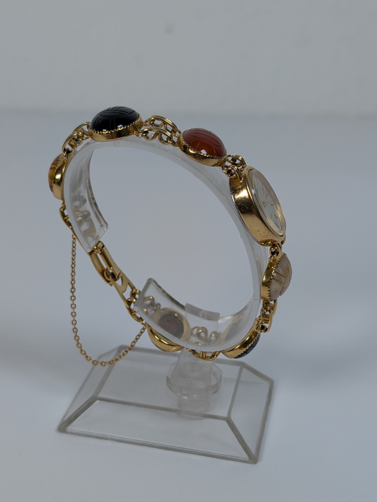 Rare Vtg Gold Tone Scarab Watch Carved Multi-Tone Stone Band NEW BATTERY