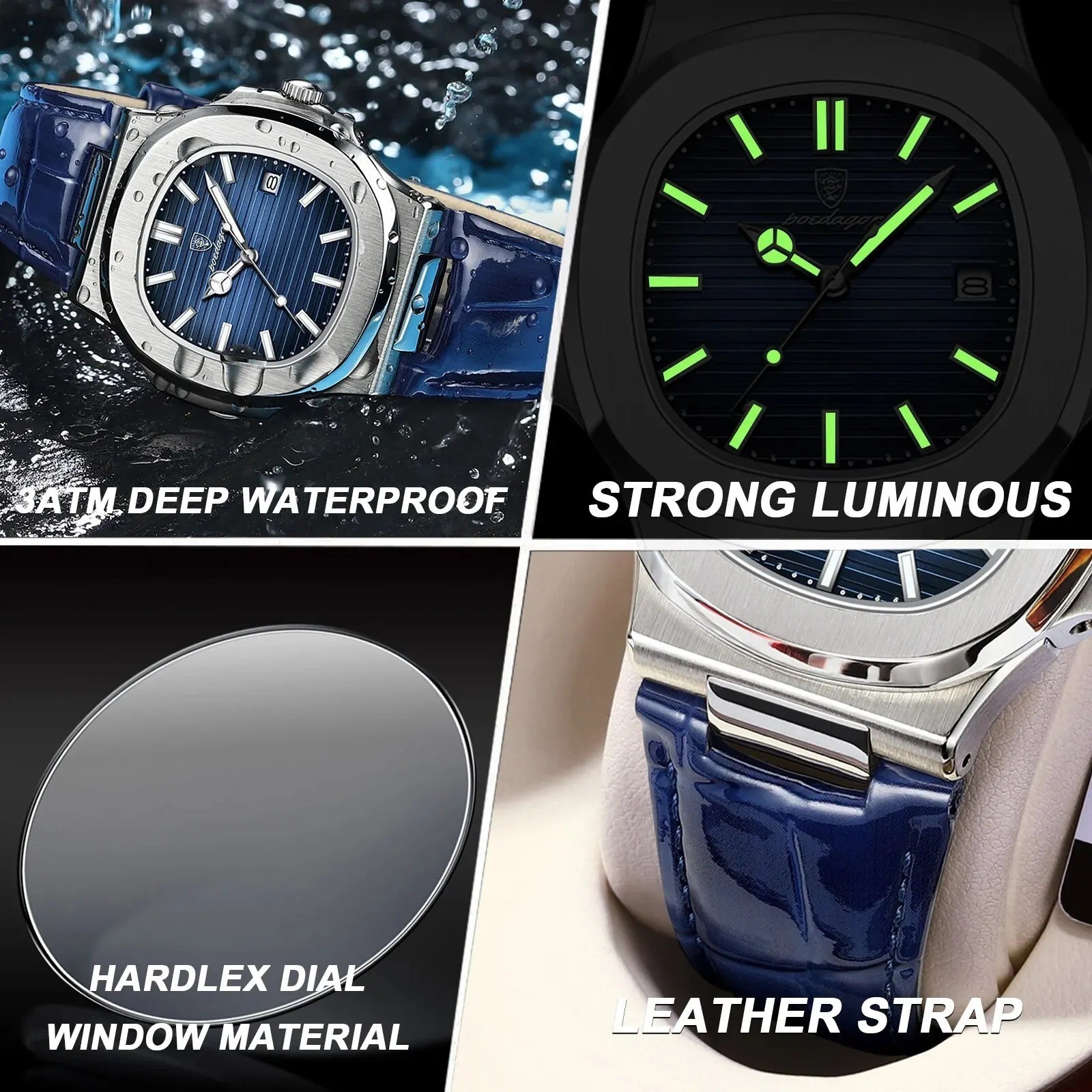 Poedagar Luxury Square Men Watch Date Waterproof Luminous Wristwatch
