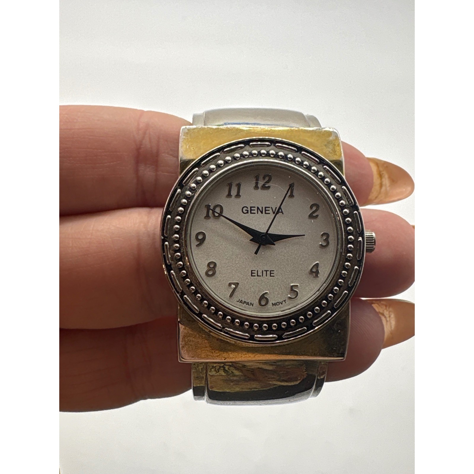 Geneva Elite Womens Two Tone Silver Gold Bracelet Cuff Watch #890 Japan Movt