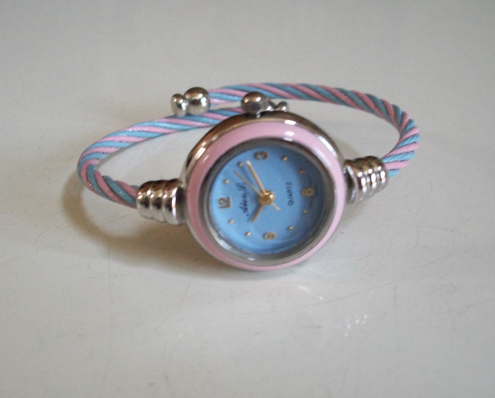 Pink & Blue Silver Finish Cable Band Bangle Cuff Fashion Women’s Girl’s Watch