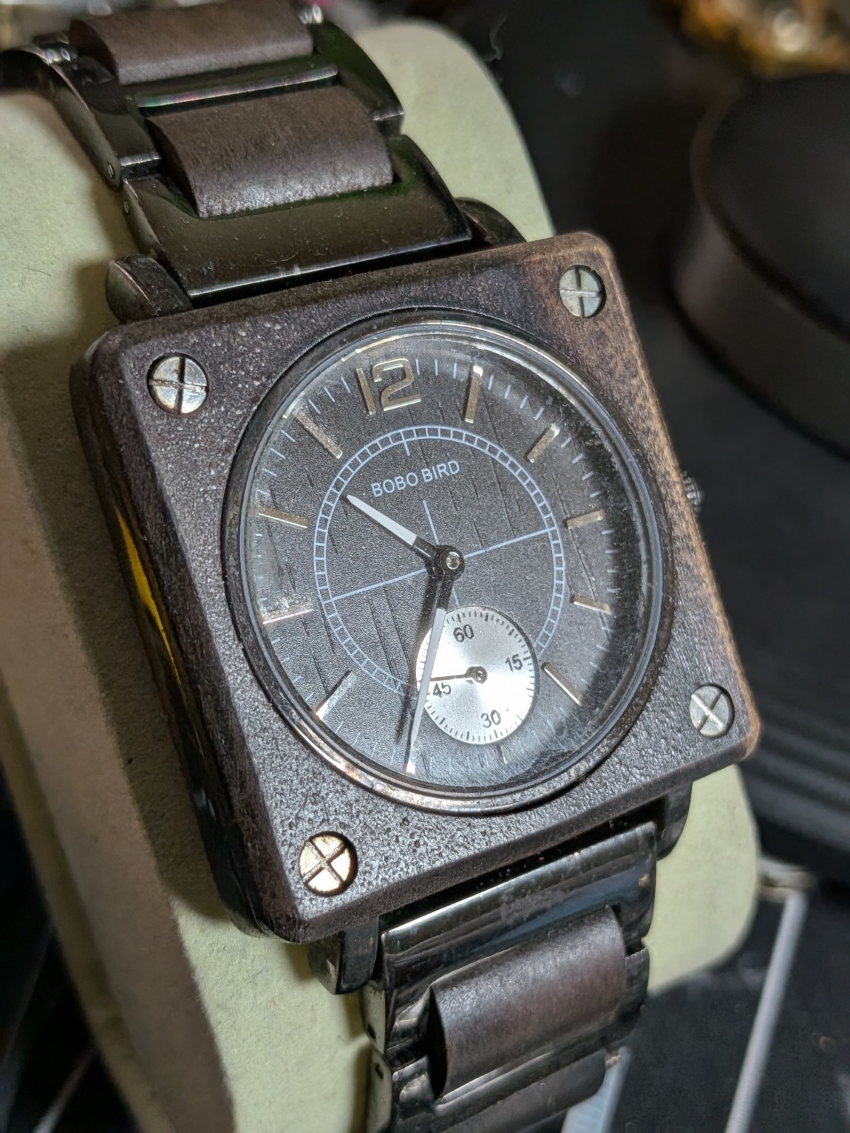 BOBO BIRD Men’s Wooden Square Watch Brown Wood & Black Metal Bracelet Small Sec