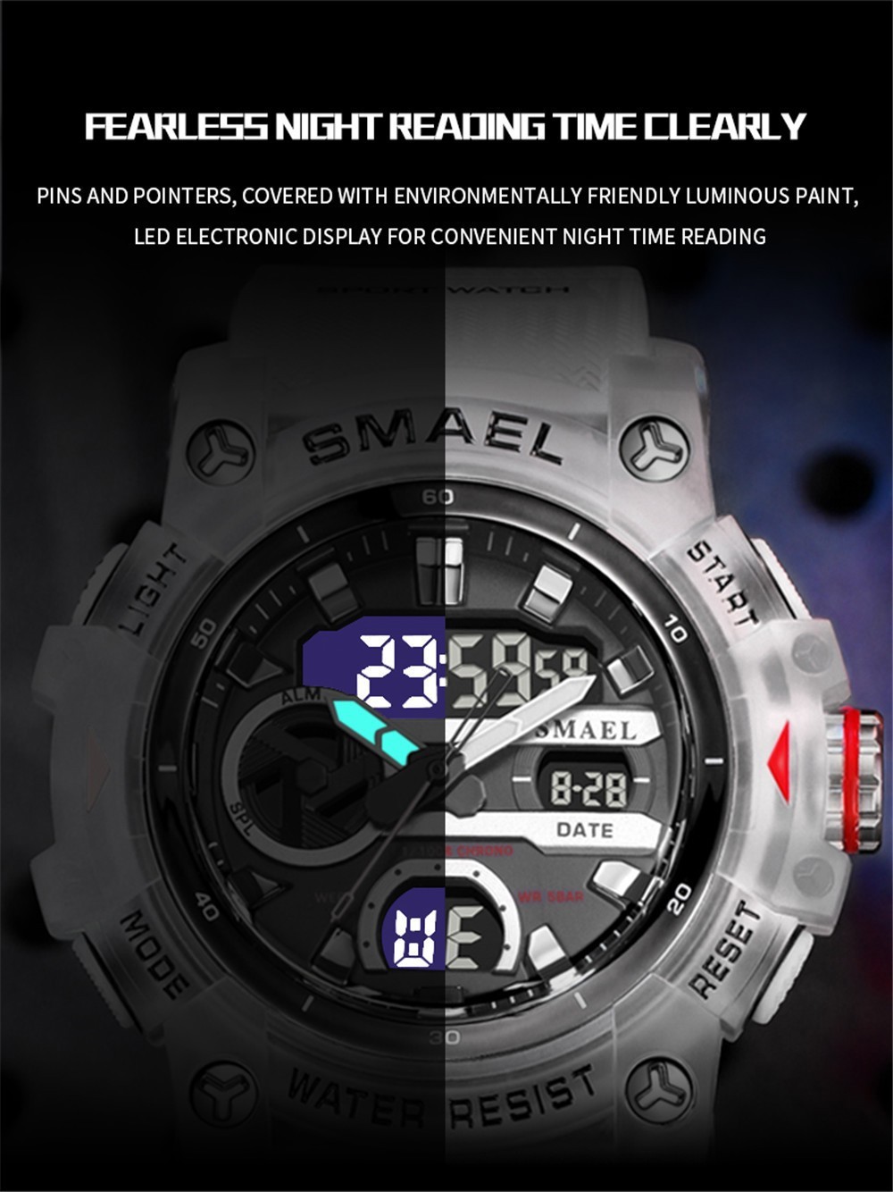SMAEL Men Sport Watches Electronic Watch Student Alarm Date Digital Wristwatch