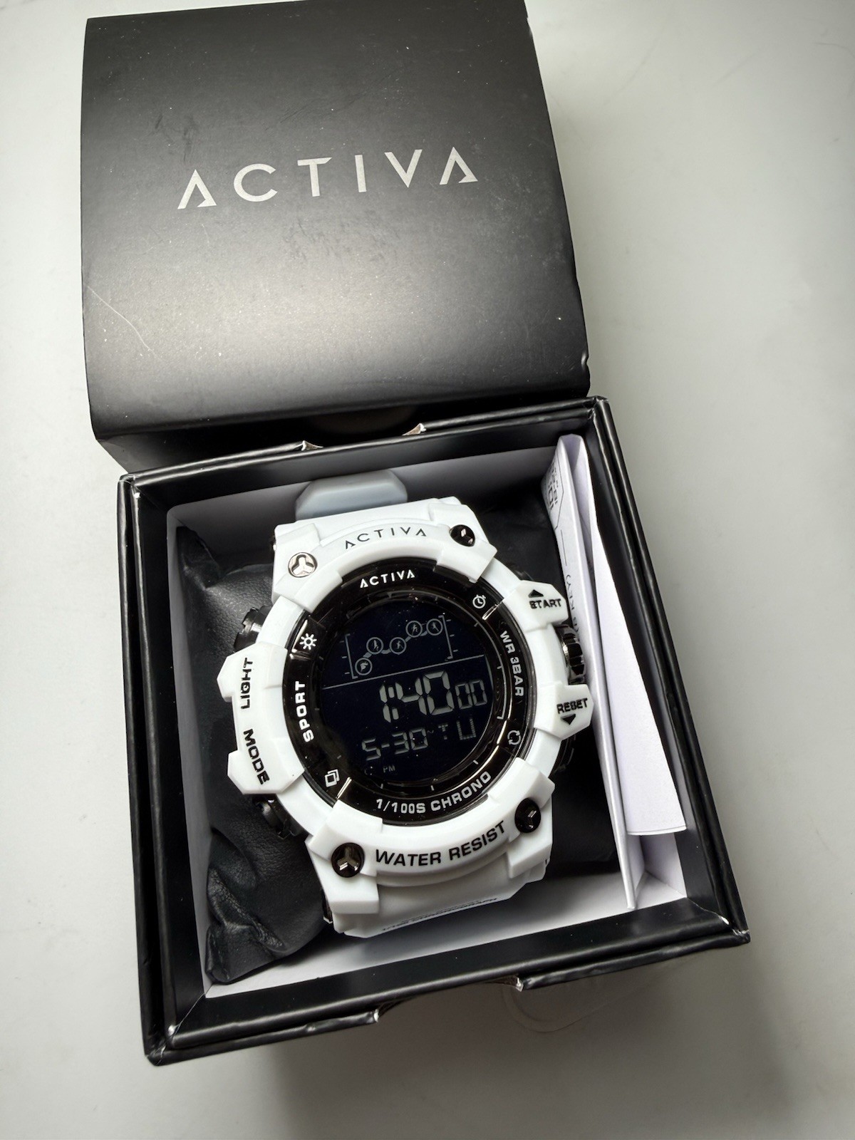 ACTIVA Digital Sport Watch Chronograph Backlight 3 BAR White Resin Strap Box